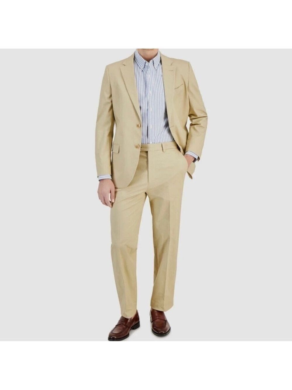 Nautica Gaff Mens Modern-Fit Cotton Stretch 2 Piece Suit Solid Tan Jacket Pants